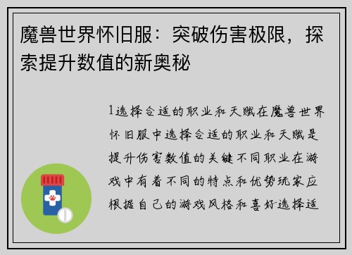 魔兽世界怀旧服:突破伤害极限,探索提升数值的新奥秘
